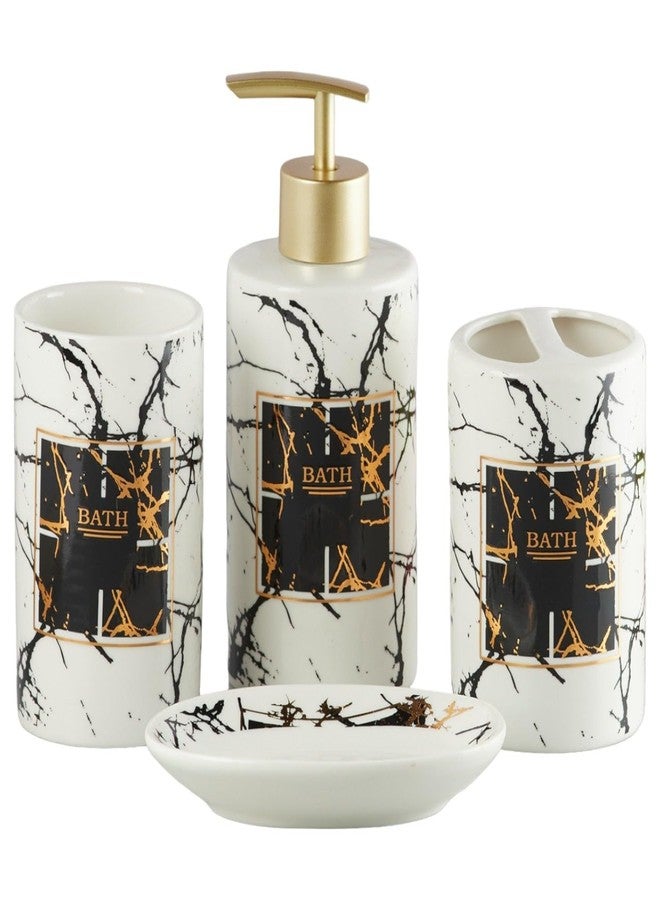 Kookee Ceramic Bathroom Set - Stylish 4 Piece Bath Accessories Kit with Soap Dispenser, Toothbrush Holder, Tumbler & Soap Dish - Modern & Designer Decor for Home & Guest Bathrooms, White/Black (8234) - Image 1